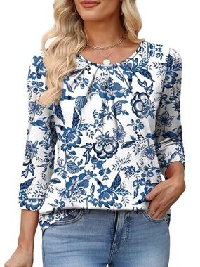 OFEEFAN Blue White Floral Scoop Neck Top XL